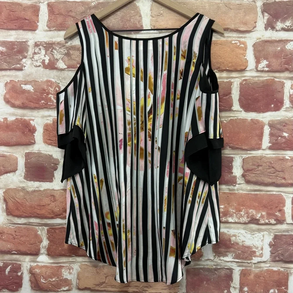 Bisou Bisou Tunic Top Women's M Multicolor Striped Floral Cold Shoulder Shirt - Picture 4 of 9